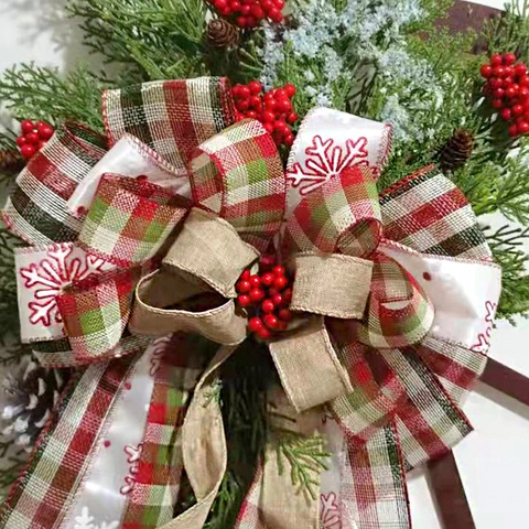 Couronne De Noël Roue En Bois Pin Artificiel Baies Rouges Nœud Écossais Décoration De Porte Style Ferme Rétro