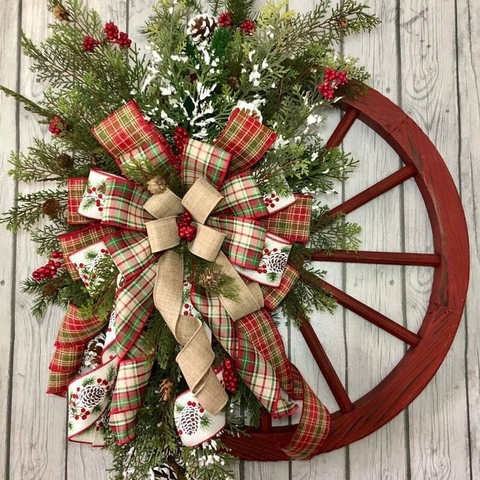 Ghirlanda di Natale a Ruota di Legno Rossa Vintage Farmhouse per Porta Esterna Decorazione con Fiocco a Quadri
