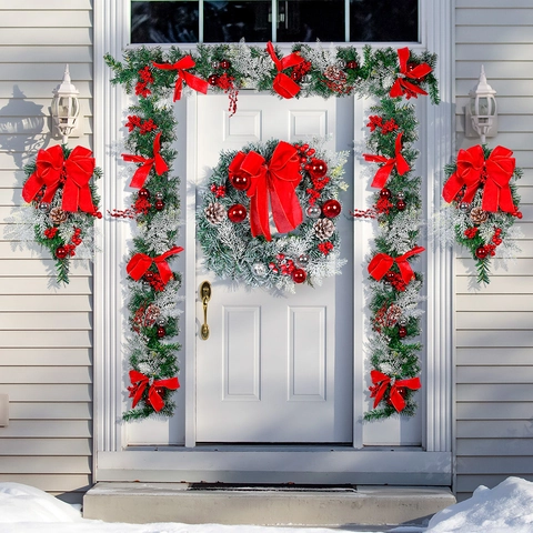 Fiocco Rosso Innevato Decorazione Natalizia Ghirlanda Pigna Bacca Swag Per Casa Porta Finestra Tradizionale Natale Ornamento