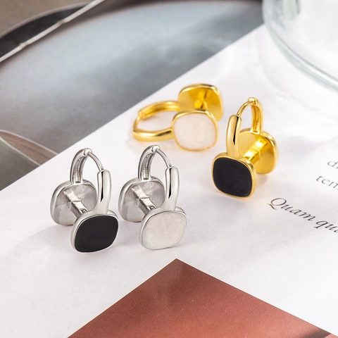 Orecchini A Cerchio Quadrati Geometrici Vintage Francese Smalto Nero E Bianco Doppia Faccia In Rame Per Donna