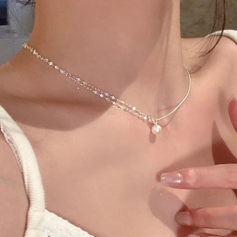 Double Layer Copper Necklace With White Artificial Pearl Pendant Asymmetric Snake Bone Bead Stitching Chain Minimalist For Women