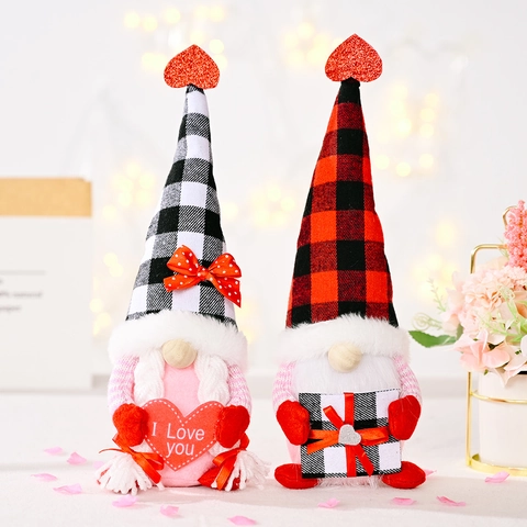 Gnomo con Cappello a Quadri per San Valentino Bambola Senza Volto Con Cuore I Love You Scatola Regalo Per Festa Della Mamma