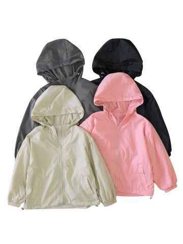 Kids Hooded Windbreaker Jacket Polyester Windproof Outerwear With Zipper For Boys And Girls Autumn Casual Lightweight