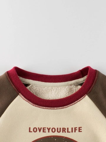 Kids American Retro Fleece Sweatshirt Cotton Blend Raglan Sleeve Letter Print Color Block Warm Pullover For Boys Girls