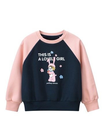 Girls Cartoon Rabbit Pullover Sweatshirt Cotton Blend Warm Fleece Lined Raglan Sleeve Contrast Color Casual Autumn Top