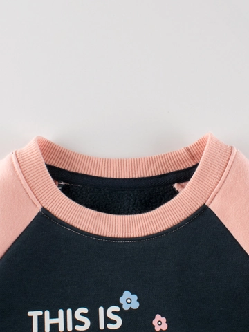 Girls Cartoon Rabbit Pullover Sweatshirt Cotton Blend Warm Fleece Lined Raglan Sleeve Contrast Color Casual Autumn Top