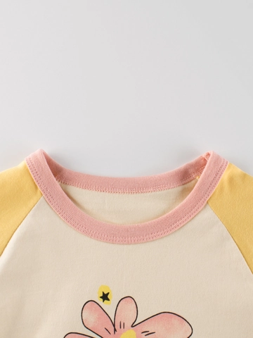 Maglietta A Maniche Lunghe Da Ragazza 100% Cotone Maniche Raglan Stampa Gatto Fiori Girocollo