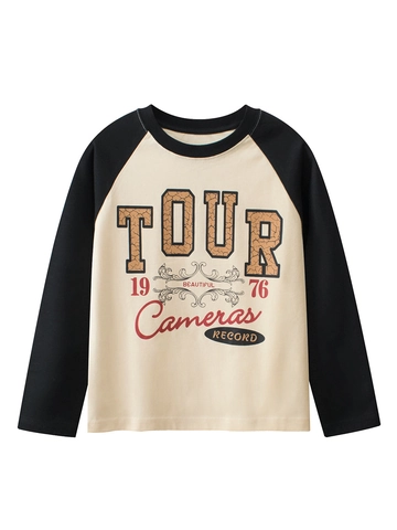 Boys Girls Vintage Cotton Long Sleeve T-Shirt Retro Letter Print Raglan Contrast Color Crew Neck Casual Pullover Top