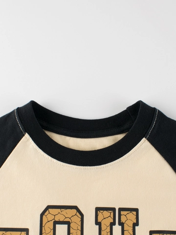 Boys Girls Vintage Cotton Long Sleeve T-Shirt Retro Letter Print Raglan Contrast Color Crew Neck Casual Pullover Top