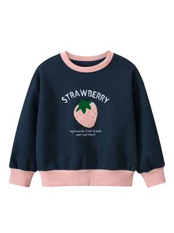 Sweatshirt Fille Pull Doublé Polaire Mélange Coton Manches Longues Broderie Fraise Contraste Couleurs Hauts