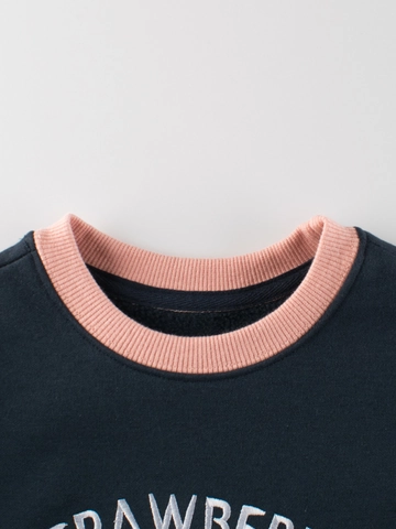 Sweatshirt Fille Pull Doublé Polaire Mélange Coton Manches Longues Broderie Fraise Contraste Couleurs Hauts