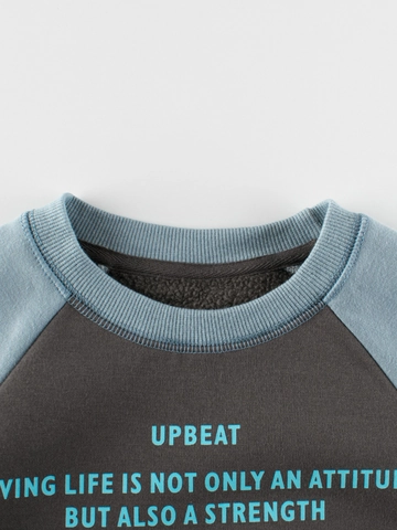 Kids Casual Color Block Raglan Sleeve Fleece Lined Sweatshirt Boys Girls Crew Neck Letter Printed Warm Autumn Winter Top