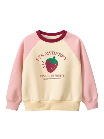 Girls Strawberry Print Raglan Sleeve Sweatshirt Fleece Lined Crew Neck Cotton Blend Contrast Color Pullover