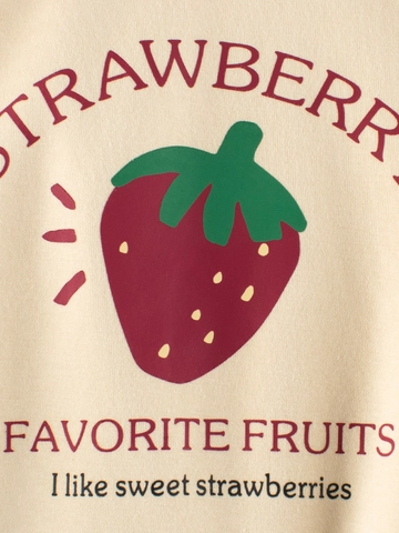 Girls Strawberry Print Raglan Sleeve Sweatshirt Fleece Lined Crew Neck Cotton Blend Contrast Color Pullover