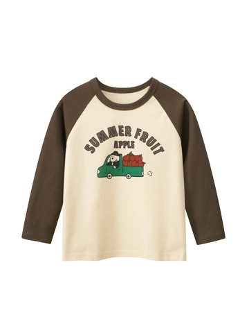 Kids Lange Mouwen T-Shirt 100% Katoen Raglan Contrast Kleur Cartoon Hond Appel Print Ronde Hals Casual Top Meisjes Jongens