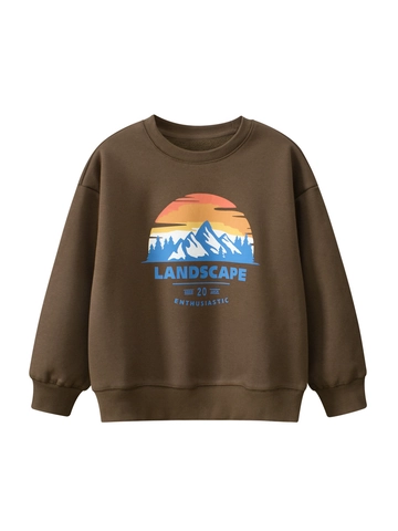 Sweat-shirt Doublé Polaire pour Garçons Imprimé Paysage Rétro Col Rond Manches Longues Pull Thermique Enfants Automne Hiver