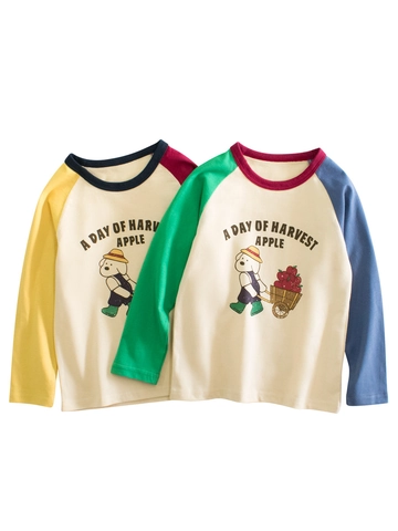Girls Long Sleeve T-Shirt 100% Cotton Raglan Sleeve Cartoon Dog Harvest Apple Print Korean Style Casual Spring Kids Top