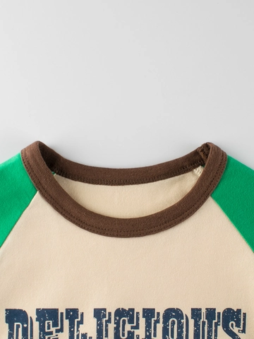 Girls Long Sleeve T-shirt Pure Cotton Raglan Contrast Color Cartoon Burger Print Casual Crew Neck Top Soft Comfort