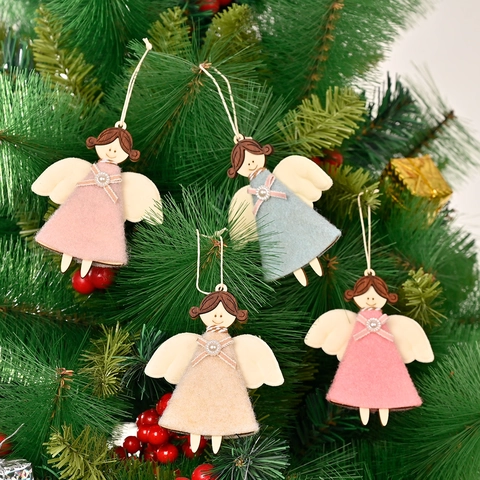 Ciondolo di Natale Angelo in Legno e Tessuto Fatto a Mano Decorazioni da Appendere per Albero Festa Decorazione Domestica