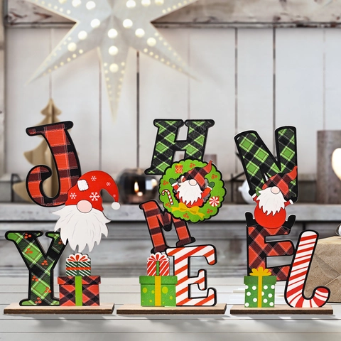 Ornamento Lettere Natale Legno Nordico Gnomo Plaid Decorazione Desktop Joy Home Noel Stampato Renna Ornamento Tavola Natale