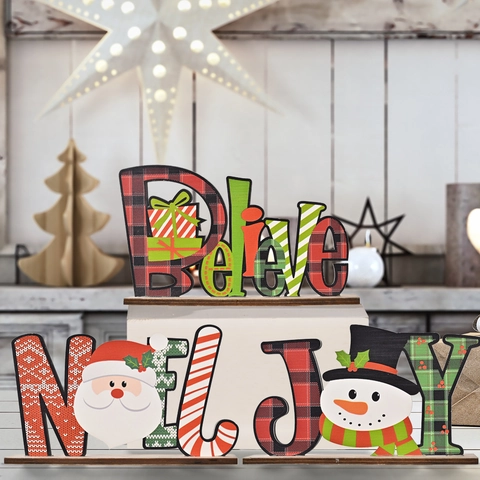 Ornements de Table en Bois Lettres de Noël Plaid Imprimé Believe JOY NOEL Signe Avec Base pour Maison Fête Décor