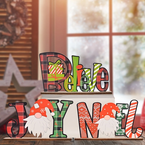 Ornements de Table en Bois Lettres de Noël Plaid Imprimé Believe JOY NOEL Signe Avec Base pour Maison Fête Décor