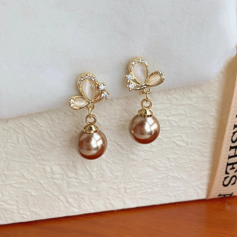 Butterfly Artificial Pearl Dangle Earrings Copper Gold Plated With Zircon And Cat Eye Stone 925 Sterling Silver Earring Post Vintage