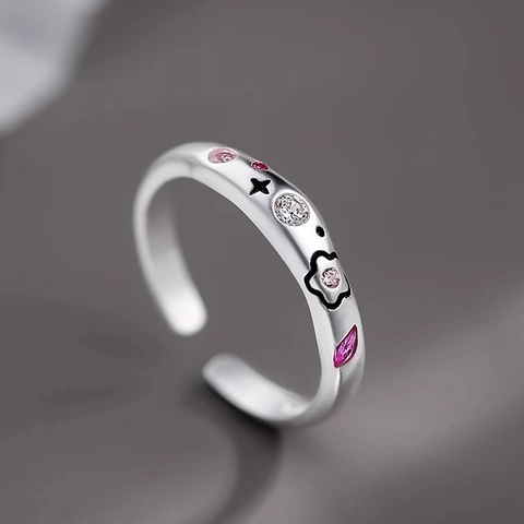 Anillo De Cobre Ajustable Con Flor Zircón Rosa Estilo Dulce Coreano Joyería Estrella Esmalte Para Mujeres