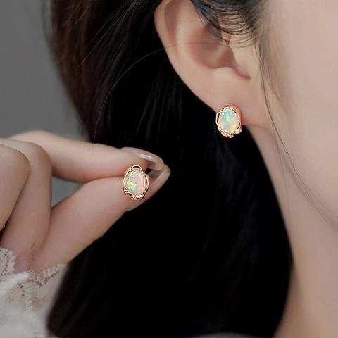 Vintage French Style Oval Opal Stud Earrings With Organic Wave Copper Rose Gold Plated Frame Elegant Versatile For Women