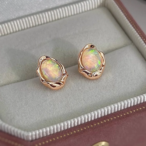 Vintage French Style Oval Opal Stud Earrings With Organic Wave Copper Rose Gold Plated Frame Elegant Versatile For Women