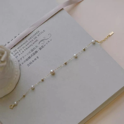 Elegant Copper Bracelet With White Artificial Pearl Gold Beads Thin Chain Adjustable Minimalist Jewelry For Women Commute Style