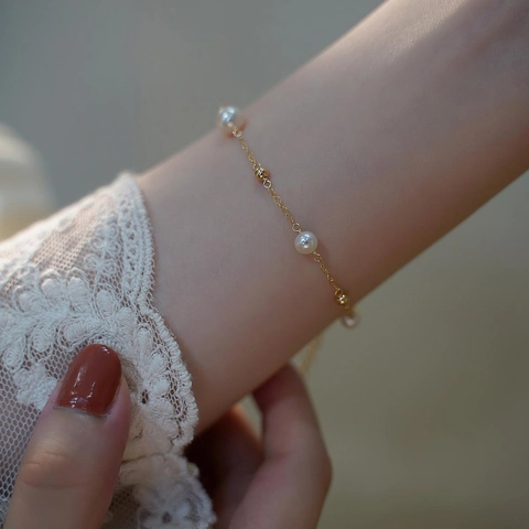 Elegant Copper Bracelet With White Artificial Pearl Gold Beads Thin Chain Adjustable Minimalist Jewelry For Women Commute Style