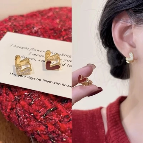 Double Sided Heart Huggie Earrings Red Enamel And Cubic Zirconia Gold Plated Copper Exquisite Fashion Jewelry For Women