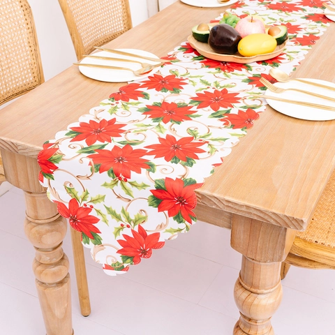 Runner da Tavolo Natalizio Stampato Babbo Natale Poinsettia Bordo Festonato Decorazione Tavola per Festa di Natale Casa