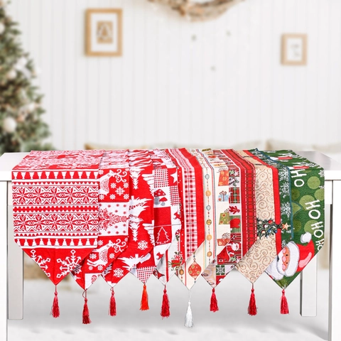 Christmas Table Runner Tassels Jacquard Festive Holiday Dining Table Decor Santa Reindeer Snowflake Pattern Home Party