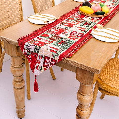 Christmas Table Runner Tassels Jacquard Festive Holiday Dining Table Decor Santa Reindeer Snowflake Pattern Home Party
