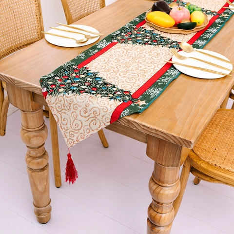 Festlicher Weihnachts-Tischläufer Baumwolle Polyester Jacquard Tischdecke Mit Quasten Für Esszimmer Zuhause Xmas Party Dekoration