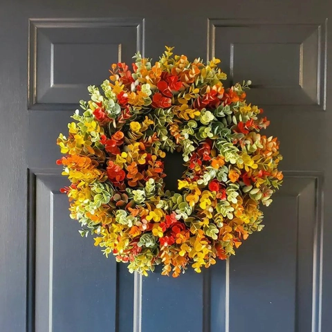 Künstlicher Eukalyptus Kranz Mehrfarbig Kunststoff Herbstblatt Kranz Für Haustür Wand Deko Herbst Weihnachten Girlande