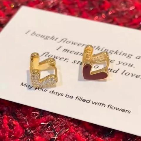 Double Sided Heart Huggie Earrings Red Enamel And Cubic Zirconia Gold Plated Copper Exquisite Fashion Jewelry For Women
