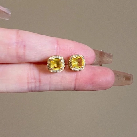 Yellow Zircon Square Halo Stud Earrings With 925 Sterling Silver Earring Post Elegant Light Luxury Jewelry For Women