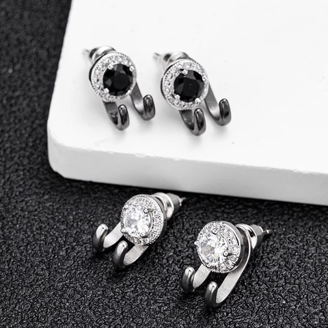 Stud Earrings Double Hook Curved Ear Jackets Round Cubic Zirconia Copper Luxury Hip Hop Fashion Jewelry For Men Women