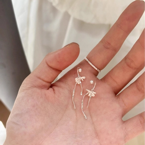 French Style Ribbon Bow Dangle Earrings Silver Plated Copper Minimalist Long Tassel Drop Ear Jewelry For Women