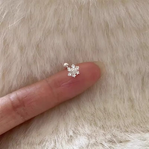 Snowflake Stud Earrings Copper Rhinestone Silver Color Screw Back Korean Style Jewelry For Women