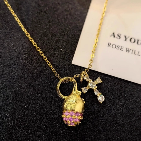 Collana In Rame Con Ciondoli A Pigna In Zircone Rosa E Croce Gioielli Eleganti Da Donna