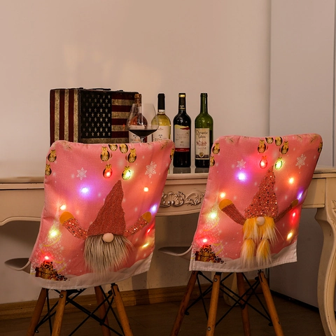 Pink Christmas Chair Cover With LED Lights Gnome Design Sequin Non-Woven Fabric Festive Dining Table Decoration