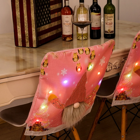 Pink Christmas Chair Cover With LED Lights Gnome Design Sequin Non-Woven Fabric Festive Dining Table Decoration
