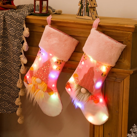Calza Di Natale Rosa Con Luce LED Design Gnomo Paillettes Peluche Appesa Sacchetto Regalo Decorazione Albero