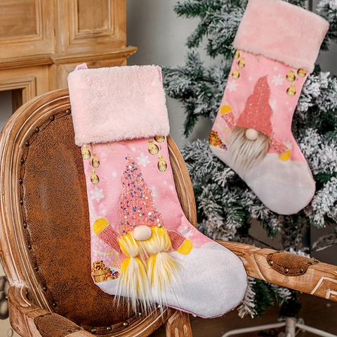 Calze di Natale Rosa Luminose a LED Grandi con Gnomo di Peluche e Paillettes Calzini Appesi per Albero di Natale per Decorazioni