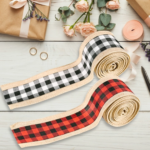Christmas Burlap Ribbon Wired Edge Buffalo Plaid Decorative Trim For Holiday Gift Wrap DIY Crafts Rustic Farmhouse Decor