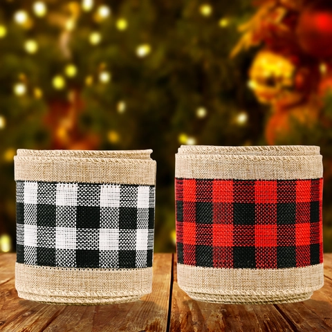 Christmas Burlap Ribbon Wired Edge Buffalo Plaid Decorative Trim For Holiday Gift Wrap DIY Crafts Rustic Farmhouse Decor
